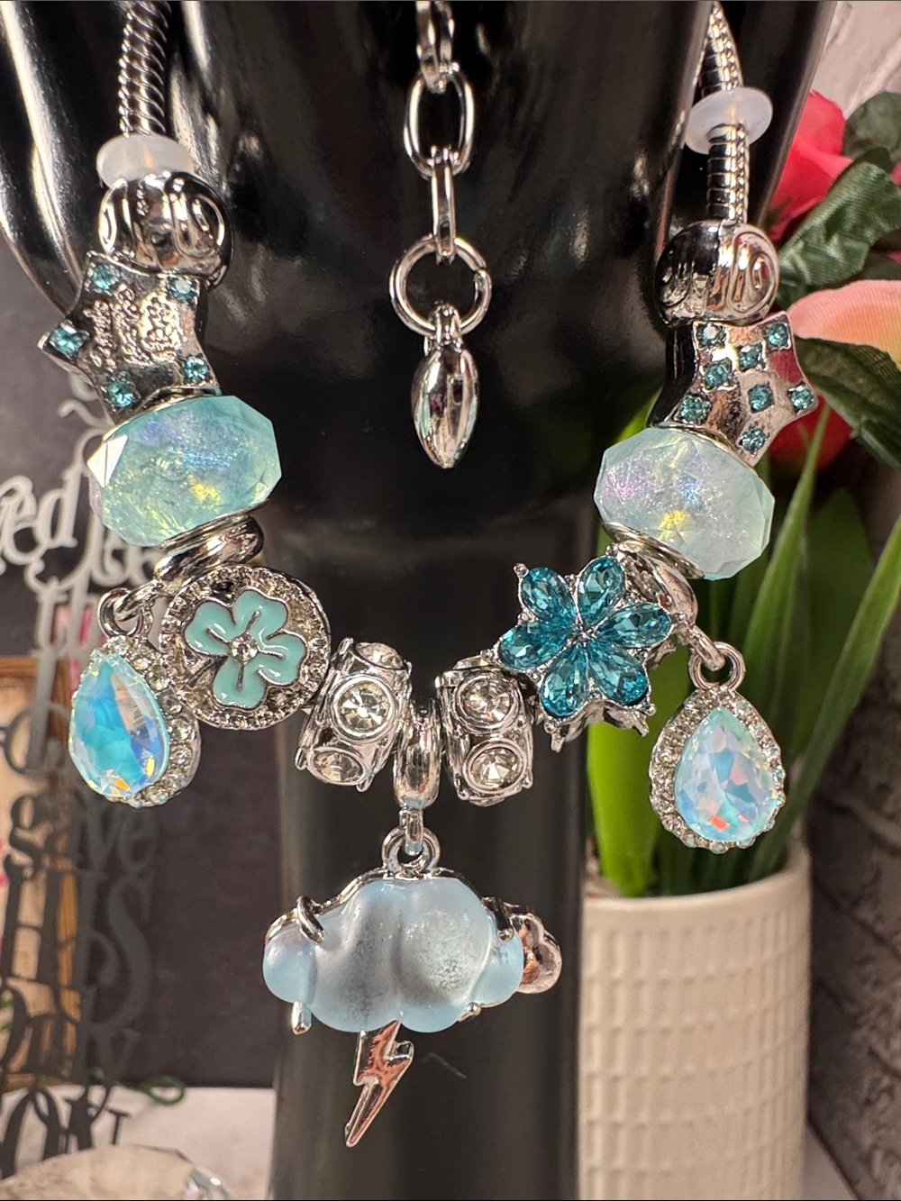 Silver Charm Bracelet with Light Blue & Teal Accents